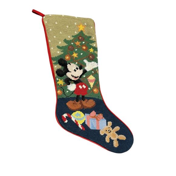 Vintage Needlepoint Disney Christmas Stocking -Kurt Adler Mickey Mouse with Tree